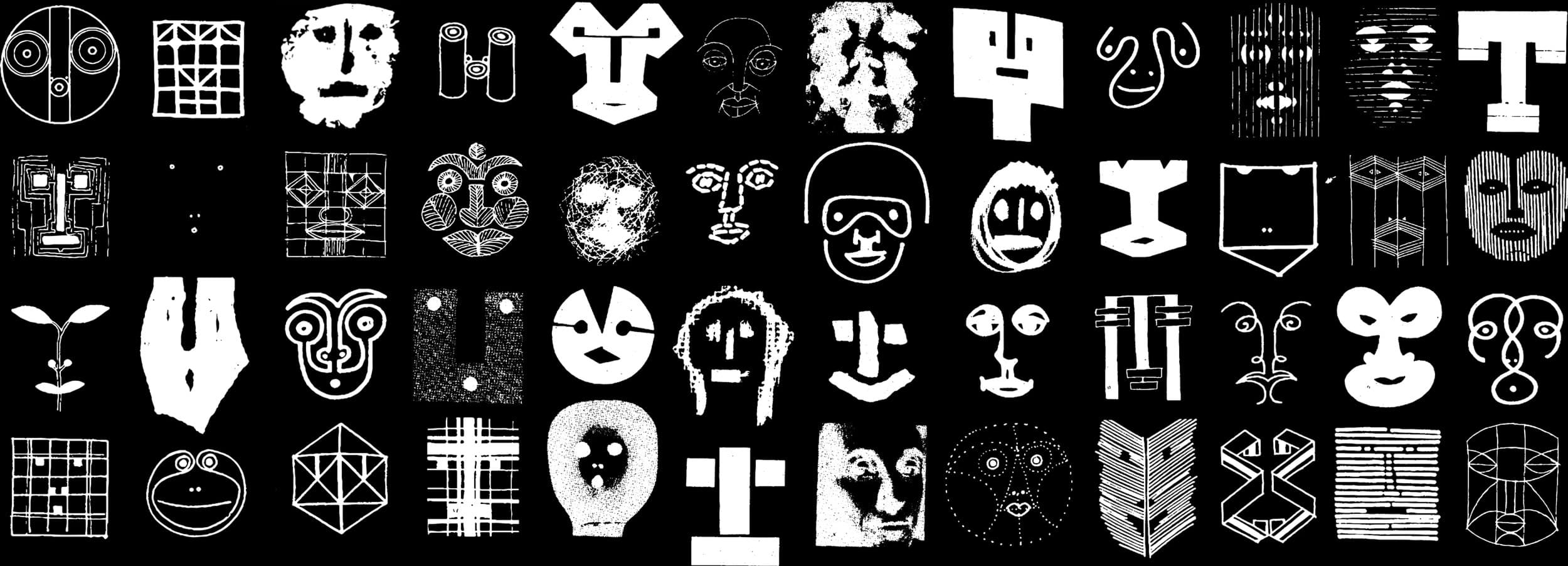 A grid of drawn faces and masks, white on black.